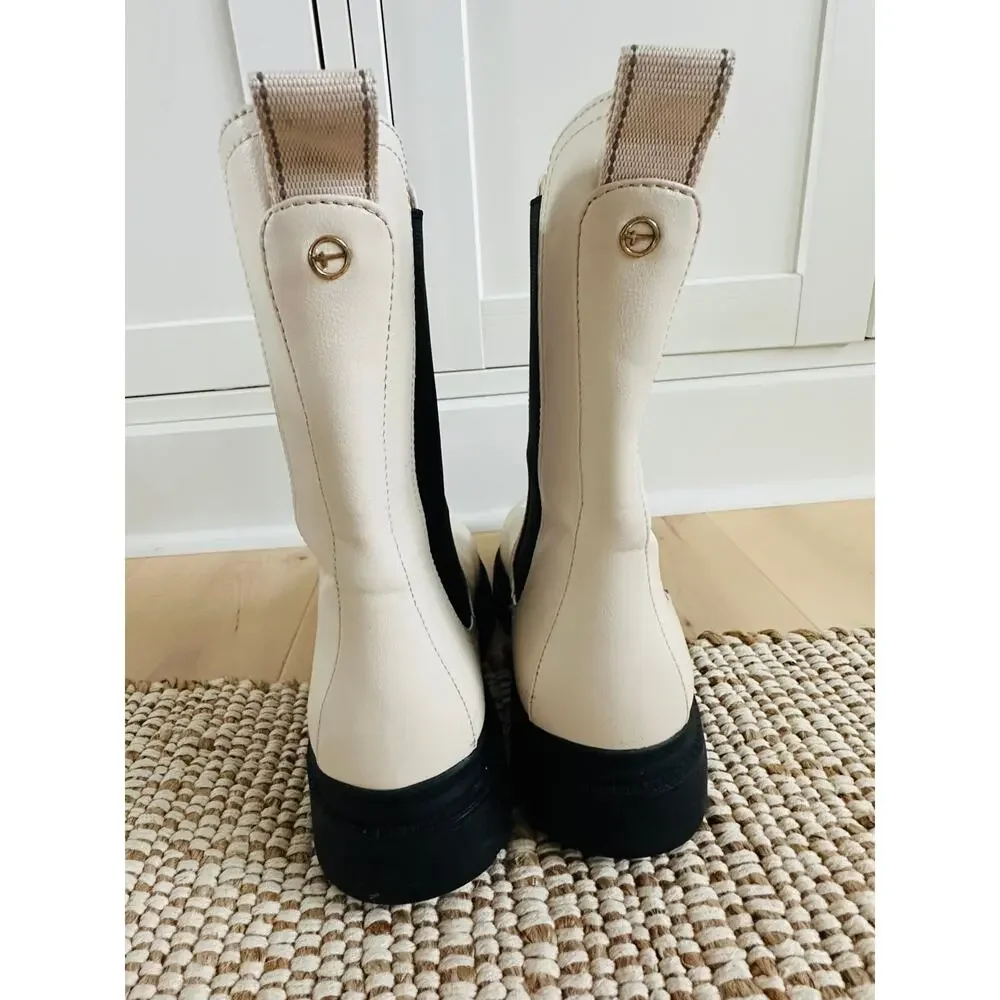 Tamaris Womens Midi Boot Cream Black Lug Sole Size EU41 Leather Chelsea boot